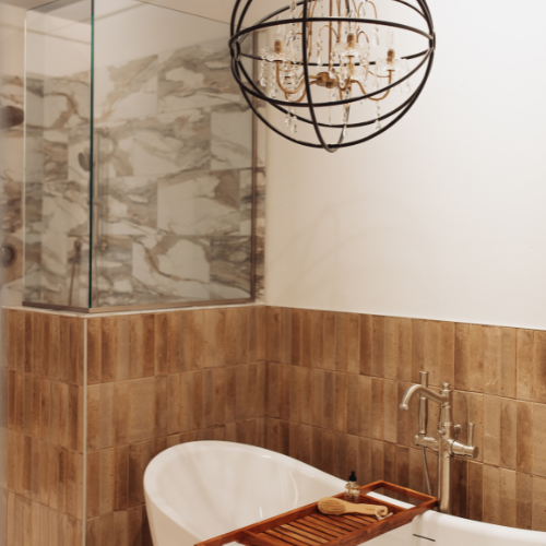 bathtub in bathroom wood walls